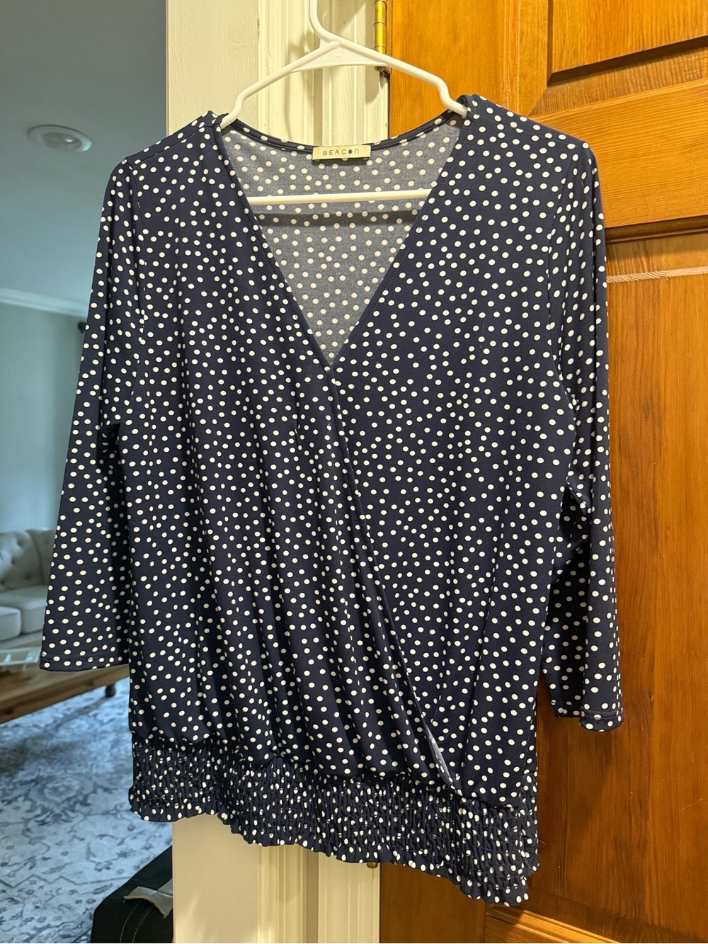 Beacon Navy Blue Polka Dot Wrap-Style Blouse